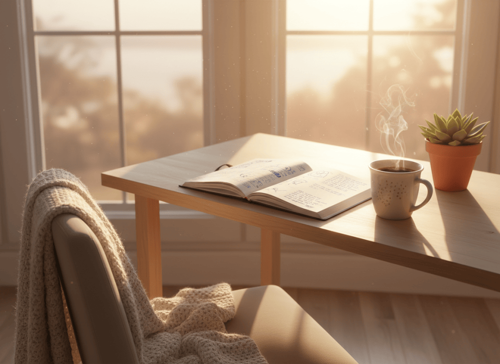 Coin de bureau lumineux le matin avec un agenda ouvert, un café et une plante, ambiance chaleureuse et optimiste
