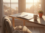 Coin de bureau lumineux le matin avec un agenda ouvert, un café et une plante, ambiance chaleureuse et optimiste