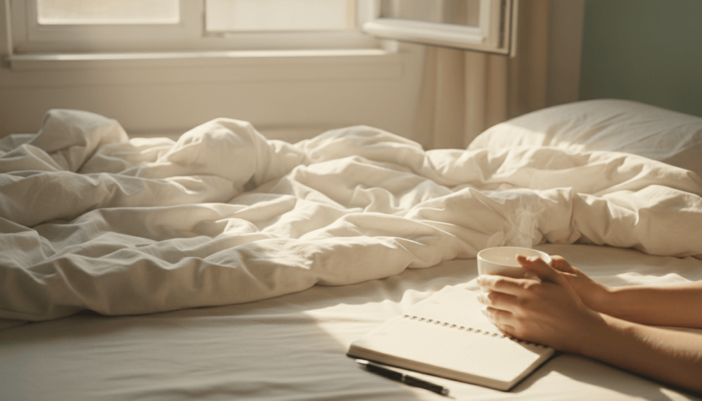 Rituel matinal apaisant : agenda ouvert, tasse fumante et lumière douce du matin